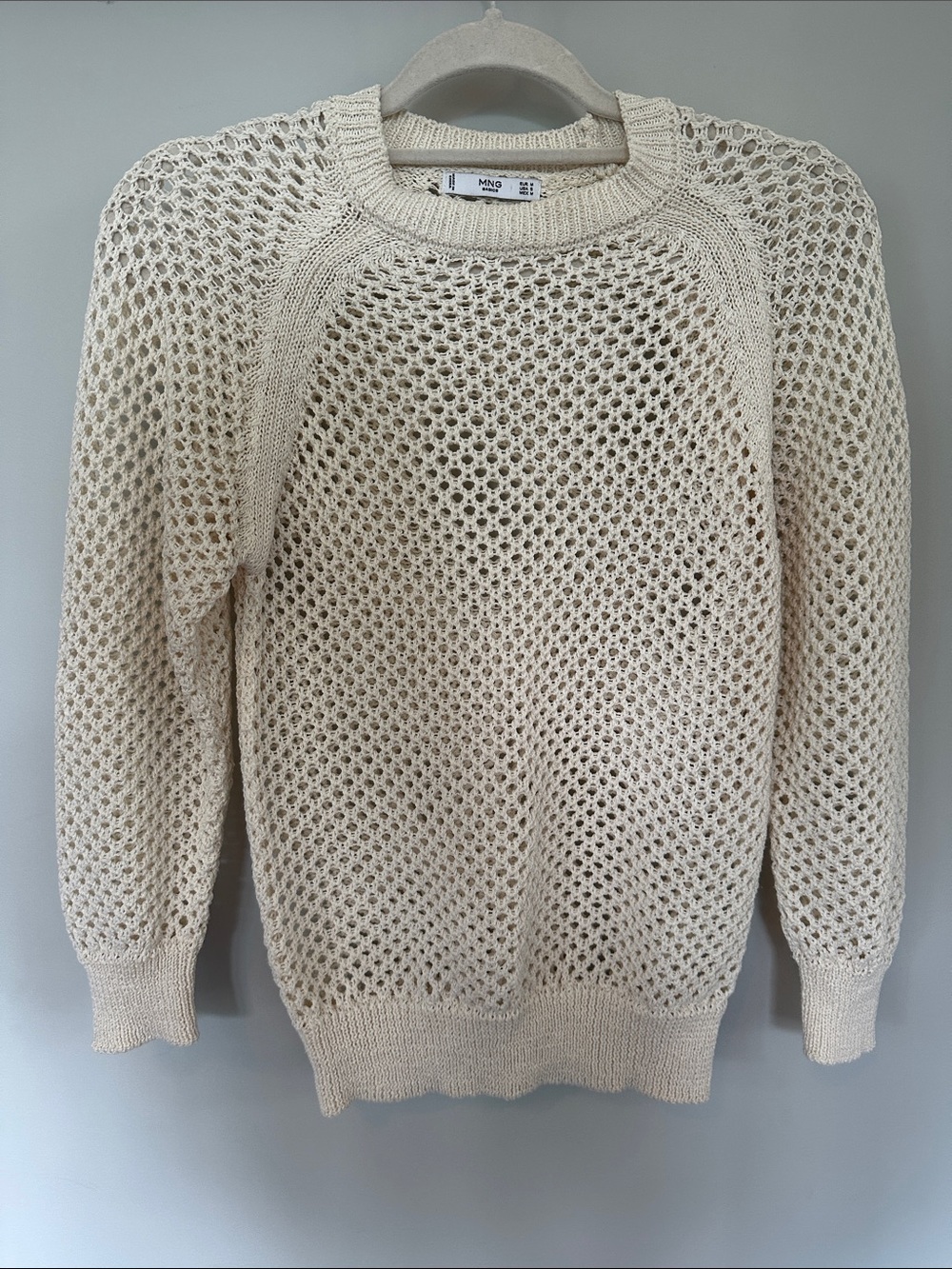 Mango Cream Open-Knit Crew Crochet  Neck Sweater